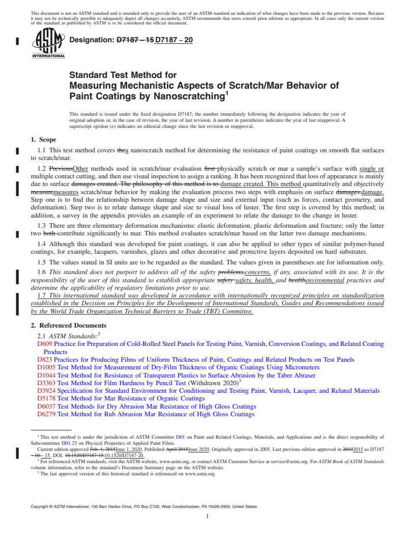 REDLINE ASTM D7187-20 - Standard Test Method for Measuring Mechanistic Aspects of Scratch/Mar Behavior of Paint   Coatings   by Nanoscratching