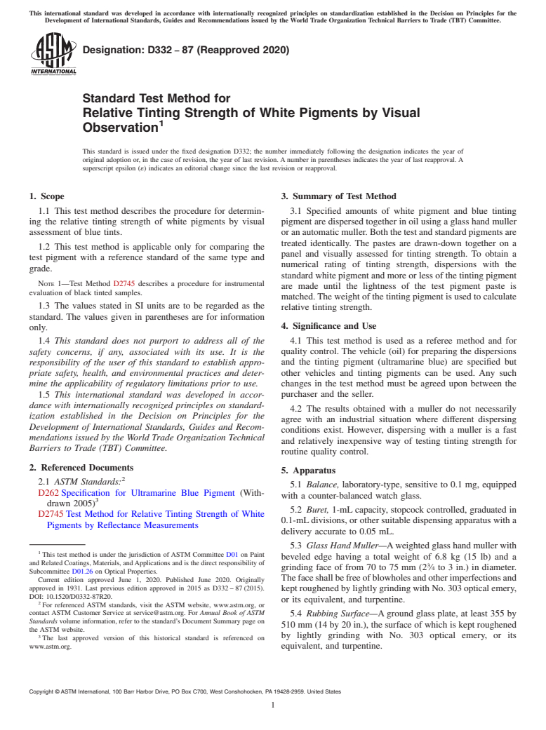 ASTM D332-87(2020) - Standard Test Method for Relative Tinting Strength of White Pigments by Visual Observation