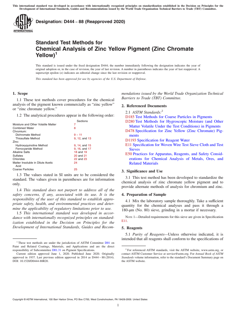 ASTM D444-88(2020) - Standard Test Methods for Chemical Analysis of Zinc Yellow Pigment (Zinc Chromate Yellow)