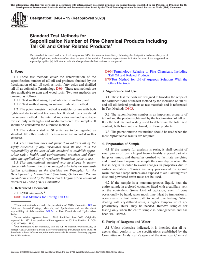 ASTM D464-15(2020) - Standard Test Methods for Saponification Number of Pine Chemical Products Including Tall   Oil and  Other Related Products