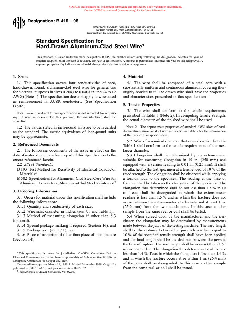 ASTM B415-98 - Standard Specification for Hard-Drawn Aluminum-Clad Steel Wire