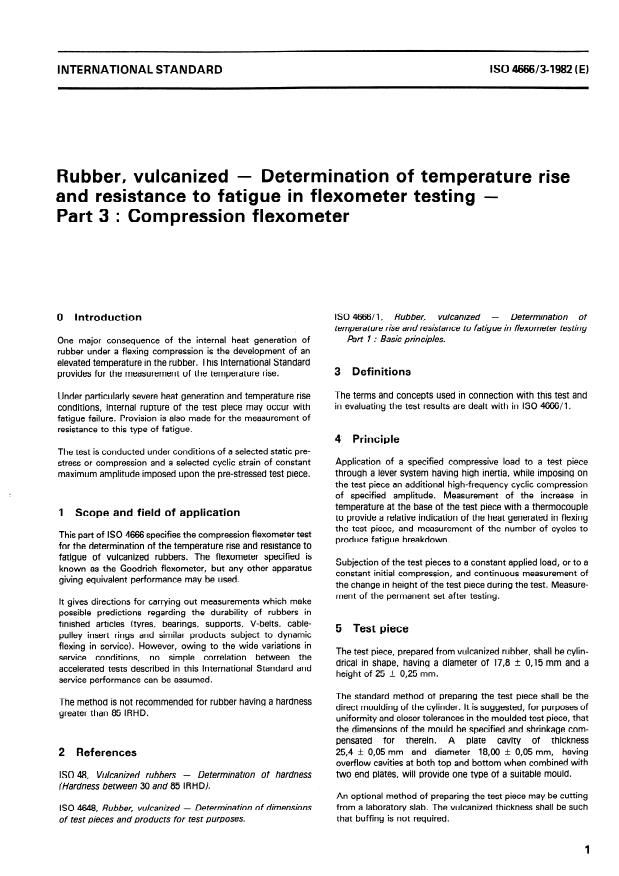 ISO 4666-3:1982 - Rubber, vulcanized -- Determination of temperature rise and resistance to fatigue in flexometer testing