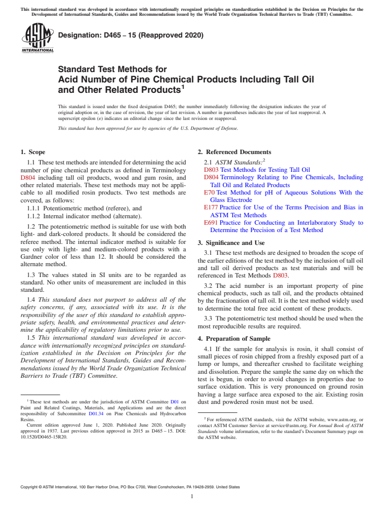 ASTM D465-15(2020) - Standard Test Methods for Acid Number of Pine Chemical Products Including Tall Oil and   Other Related  Products