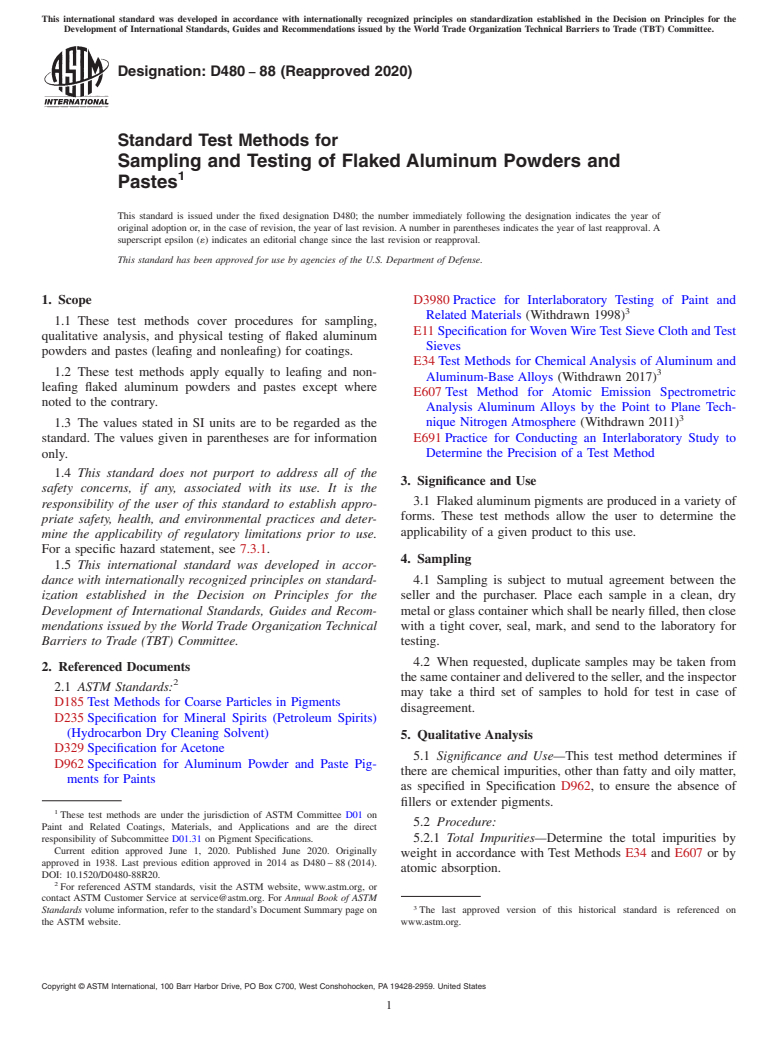 ASTM D480-88(2020) - Standard Test Methods for Sampling and Testing of Flaked Aluminum Powders and Pastes