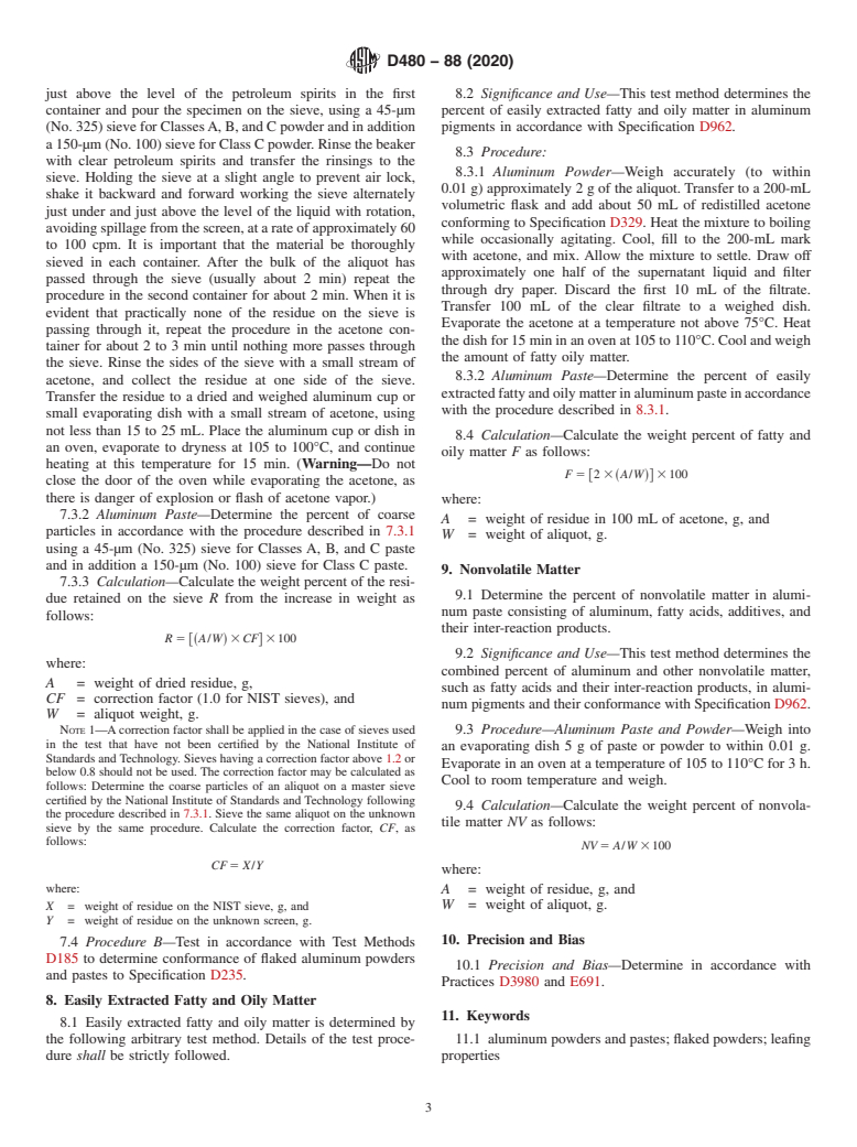 ASTM D480-88(2020) - Standard Test Methods for Sampling and Testing of Flaked Aluminum Powders and Pastes