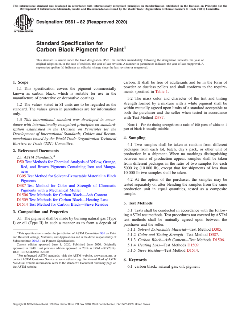 ASTM D561-82(2020) - Standard Specification for Carbon Black Pigment for Paint