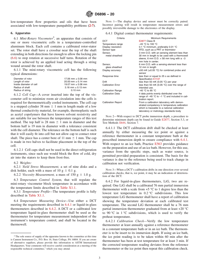 ASTM D6896-20 - Standard Test Method for Determination of Yield Stress and Apparent Viscosity of Used  Engine Oils at Low Temperature