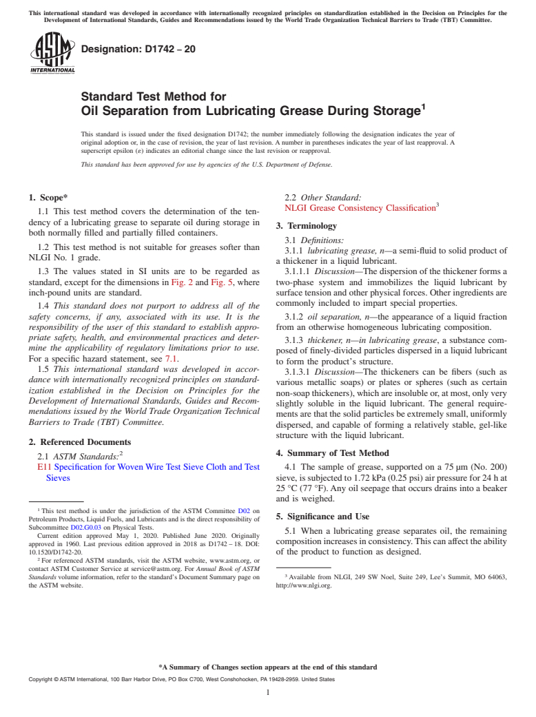 ASTM D1742-20 - Standard Test Method for  Oil Separation from Lubricating Grease During Storage