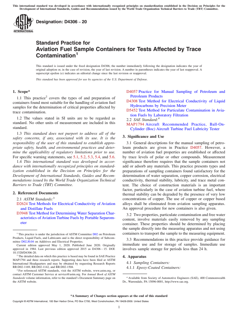 ASTM D4306-20 - Standard Practice for Aviation Fuel Sample Containers for Tests Affected by Trace  Contamination
