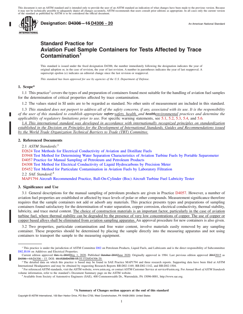 REDLINE ASTM D4306-20 - Standard Practice for Aviation Fuel Sample Containers for Tests Affected by Trace  Contamination