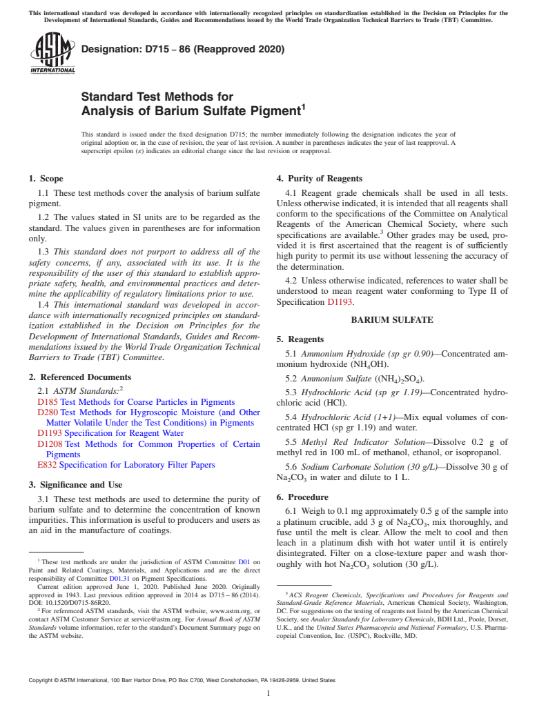 ASTM D715-86(2020) - Standard Test Methods for Analysis of Barium Sulfate Pigment