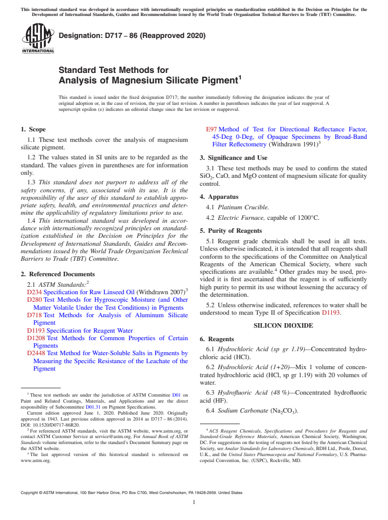 ASTM D717-86(2020) - Standard Test Methods for Analysis of Magnesium Silicate Pigment