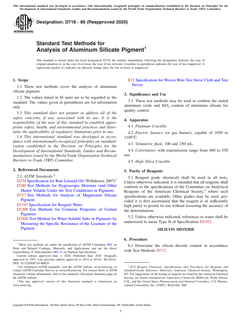 ASTM D718-86(2020) - Standard Test Methods for Analysis of Aluminum Silicate Pigment