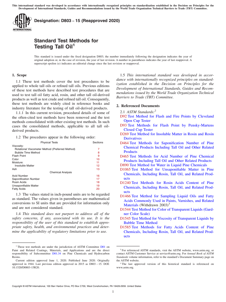 ASTM D803-15(2020) - Standard Test Methods for Testing Tall Oil