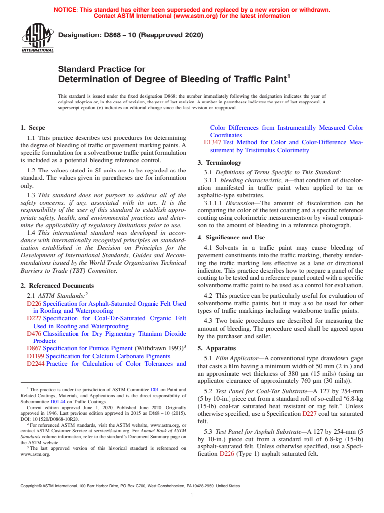 ASTM D868-10(2020) - Standard Practice for Determination of Degree of Bleeding of Traffic Paint