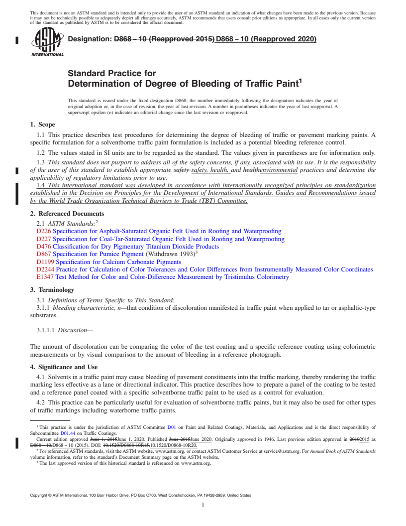 REDLINE ASTM D868-10(2020) - Standard Practice for Determination of Degree of Bleeding of Traffic Paint