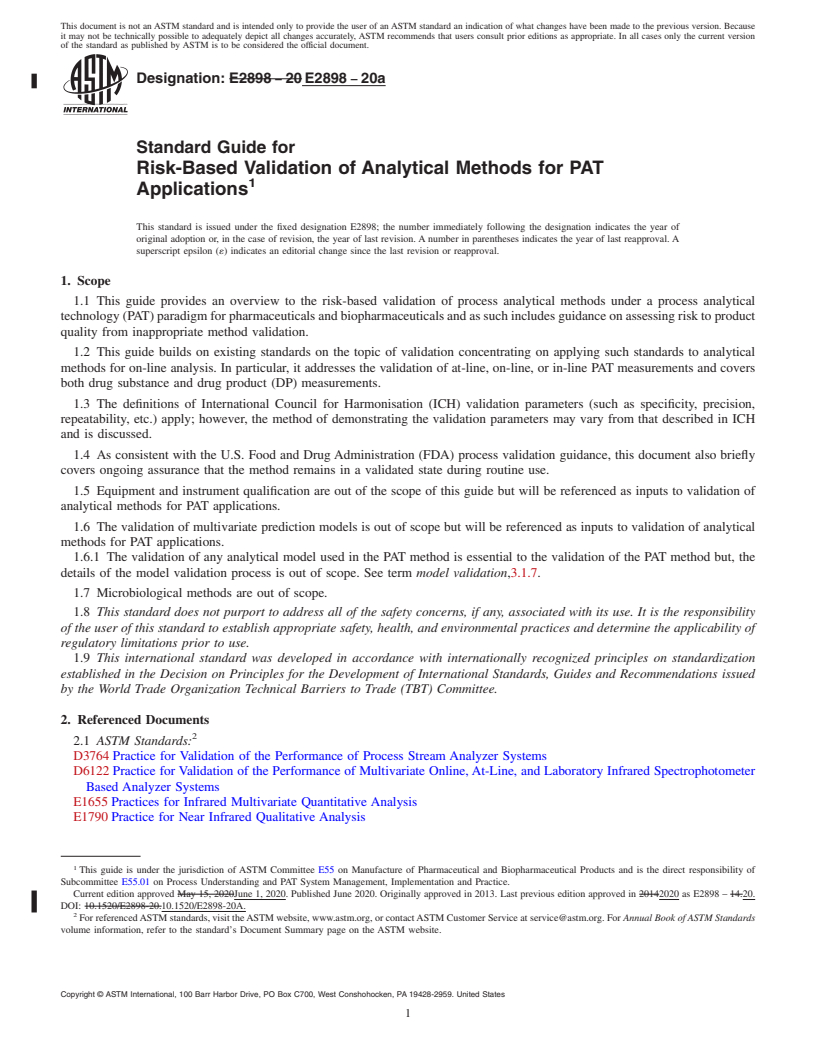 REDLINE ASTM E2898-20a - Standard Guide for Risk-Based Validation of Analytical Methods for PAT Applications