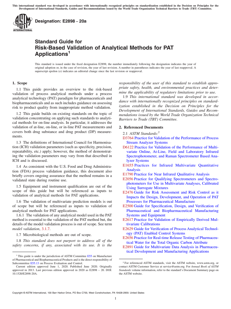 ASTM E2898-20a - Standard Guide for Risk-Based Validation of Analytical Methods for PAT Applications