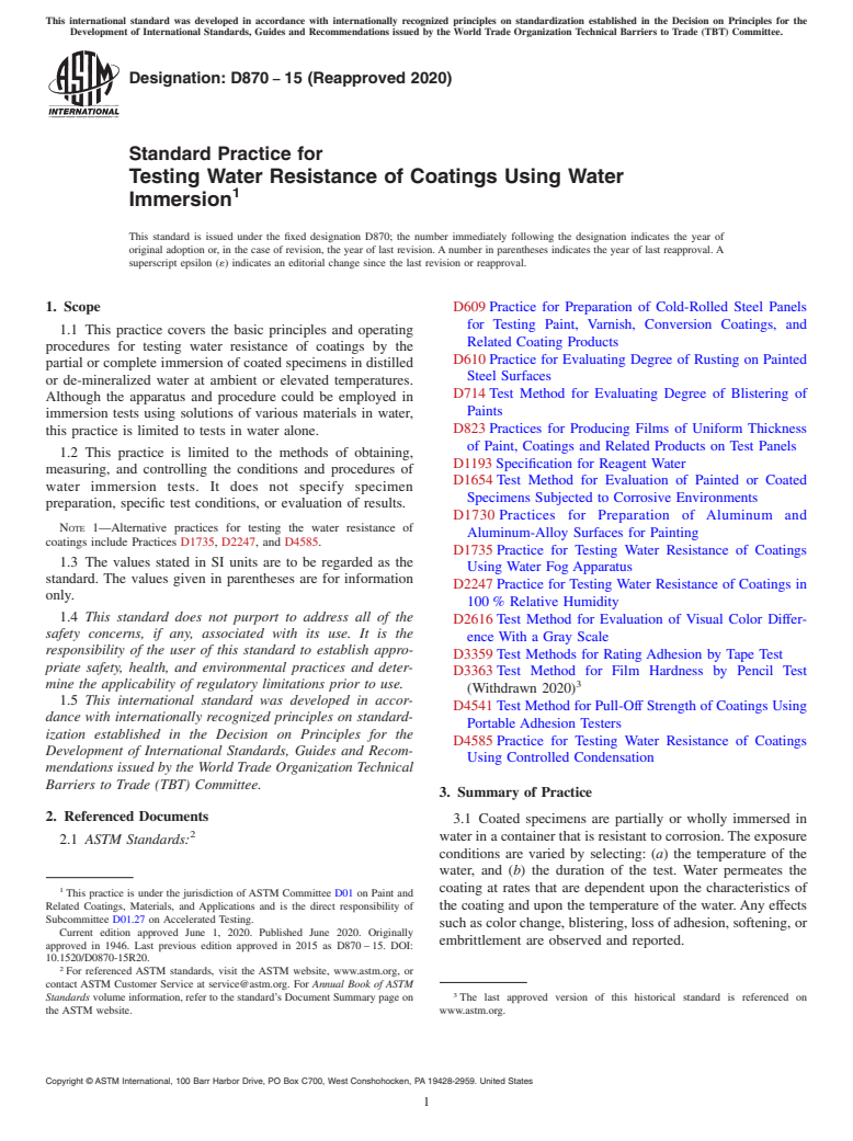 ASTM D870-15(2020) - Standard Practice for Testing Water Resistance of Coatings Using Water Immersion