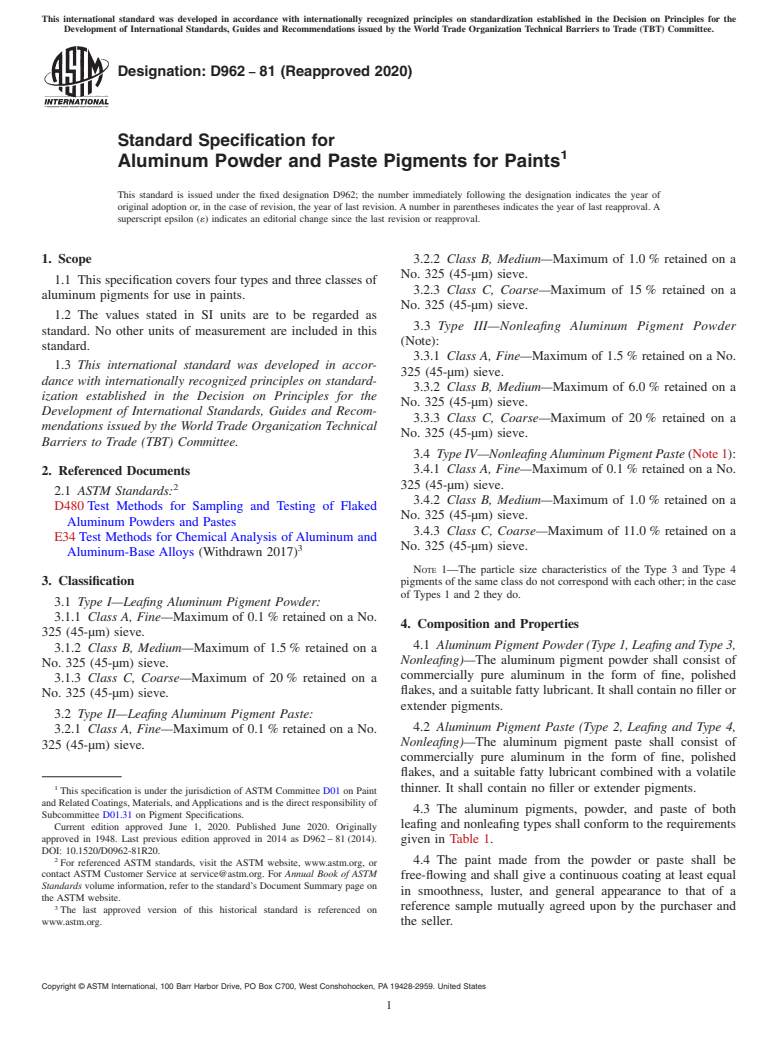 ASTM D962-81(2020) - Standard Specification for Aluminum Powder and Paste Pigments for Paints