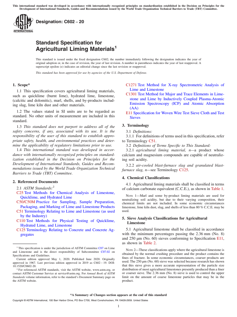 ASTM C602-20 - Standard Specification for  Agricultural Liming Materials
