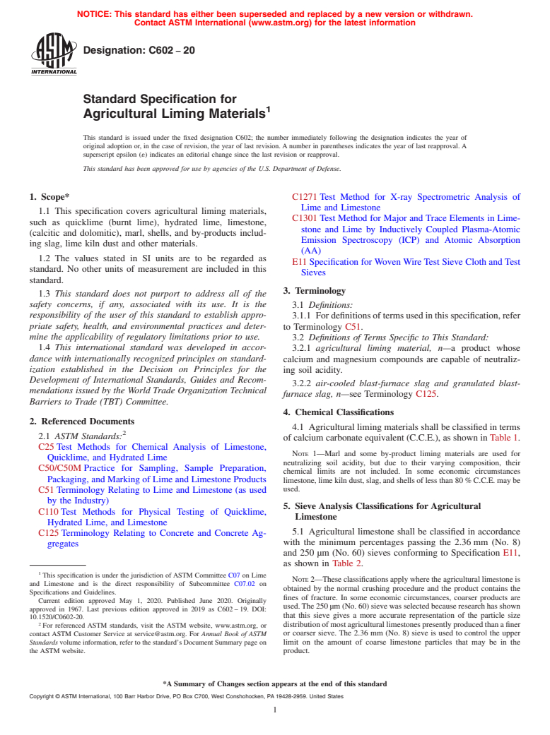 ASTM C602-20 - Standard Specification for  Agricultural Liming Materials