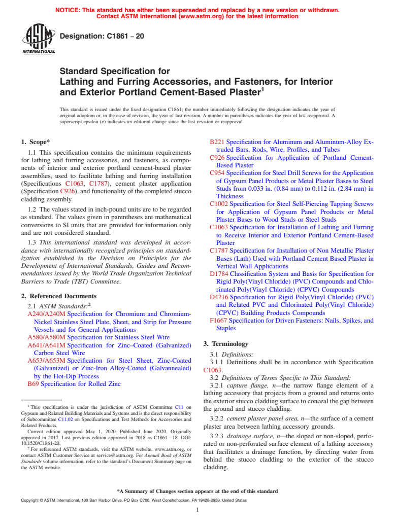 ASTM C1861-20 - Standard Specification for Lathing and Furring Accessories, and Fasteners, for Interior  and Exterior Portland Cement-Based Plaster