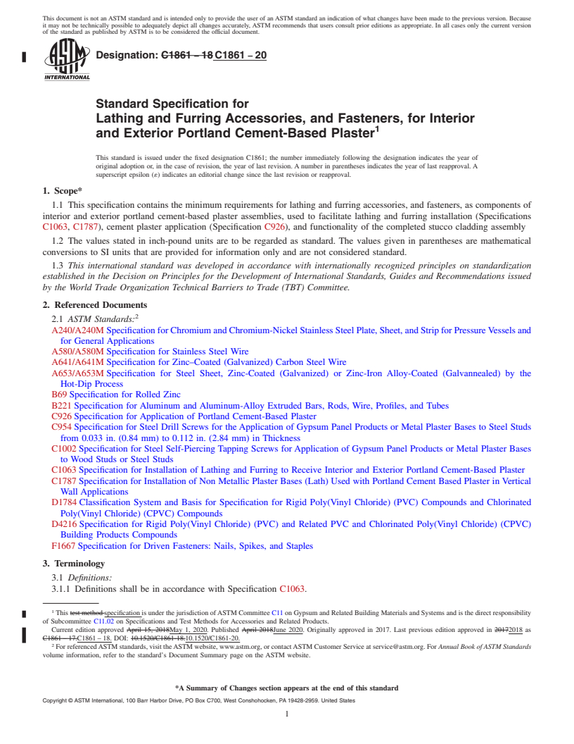 REDLINE ASTM C1861-20 - Standard Specification for Lathing and Furring Accessories, and Fasteners, for Interior  and Exterior Portland Cement-Based Plaster