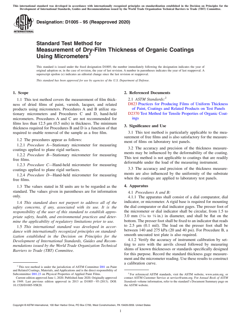 ASTM D1005-95(2020) - Standard Test Method for Measurement of Dry-Film Thickness of Organic Coatings Using  Micrometers