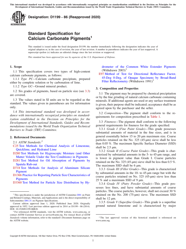 ASTM D1199-86(2020) - Standard Specification for Calcium Carbonate Pigments