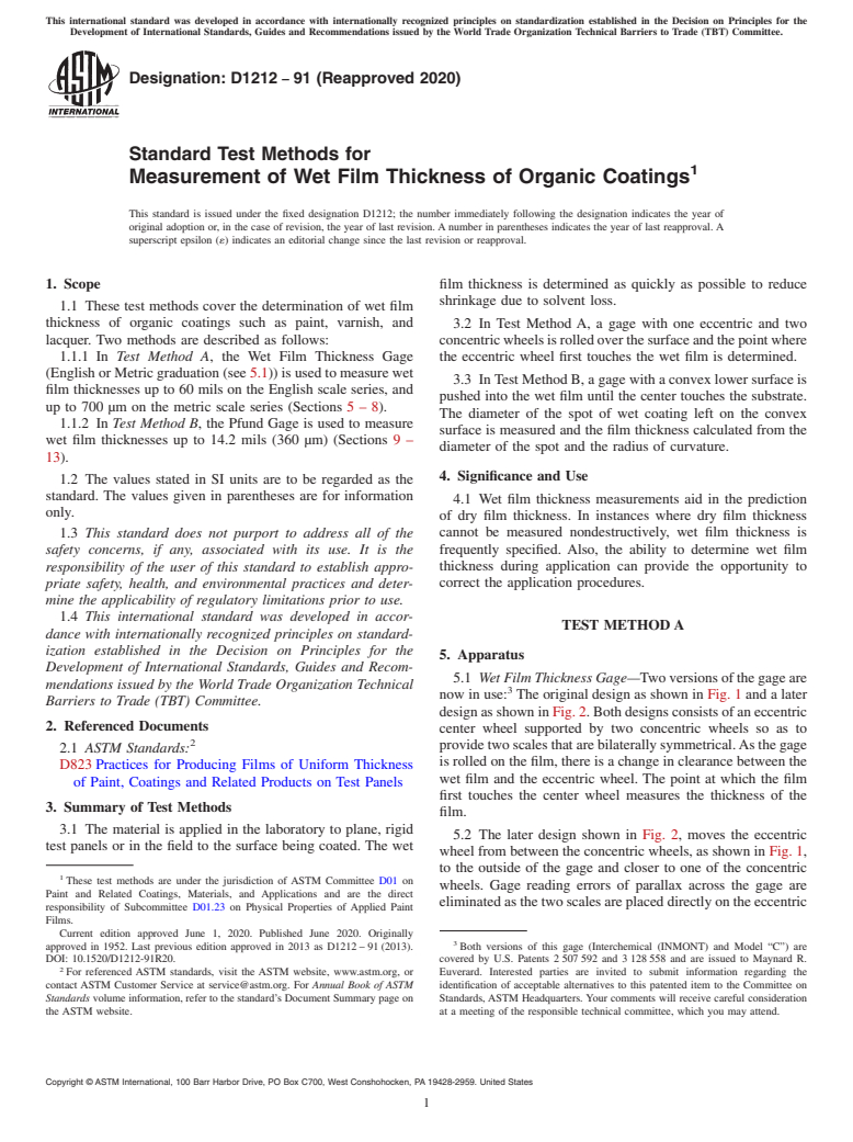 ASTM D1212-91(2020) - Standard Test Methods for Measurement of Wet Film Thickness of Organic Coatings