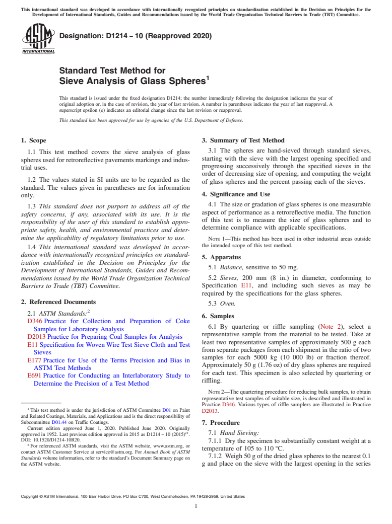 ASTM D1214-10(2020) - Standard Test Method for Sieve Analysis of Glass Spheres