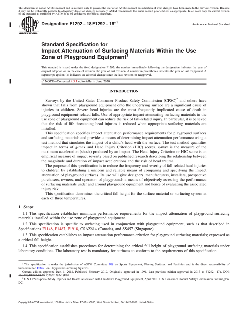 REDLINE ASTM F1292-18e1 - Standard Specification for Impact Attenuation of Surfacing Materials Within the Use Zone  of Playground Equipment