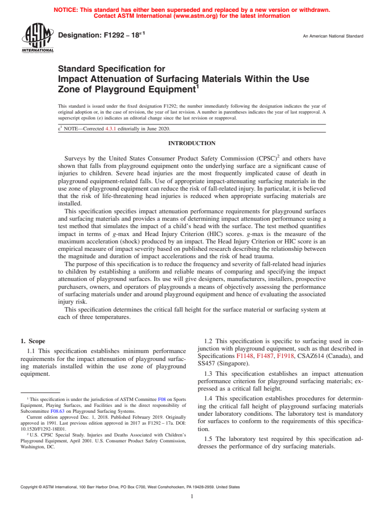 ASTM F1292-18e1 - Standard Specification for Impact Attenuation of Surfacing Materials Within the Use Zone  of Playground Equipment