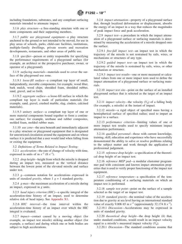 ASTM F1292-18e1 - Standard Specification for Impact Attenuation of Surfacing Materials Within the Use Zone  of Playground Equipment