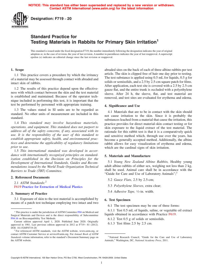 ASTM F719-20 - Standard Practice for  Testing Materials in Rabbits for Primary Skin Irritation