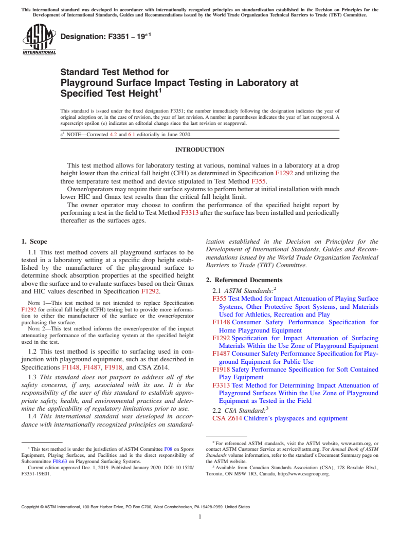 ASTM F3351-19e1 - Standard Test Method for Playground Surface Impact Testing in Laboratory at Specified  Test Height