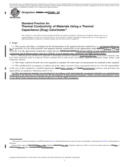 ASTM E2584-20 REDLINE ASTM E2584-20 - Standard Practice for Thermal Conductivity of Materials Using a Thermal Capacitance (Slug) Calorimeter - Page 1 preview