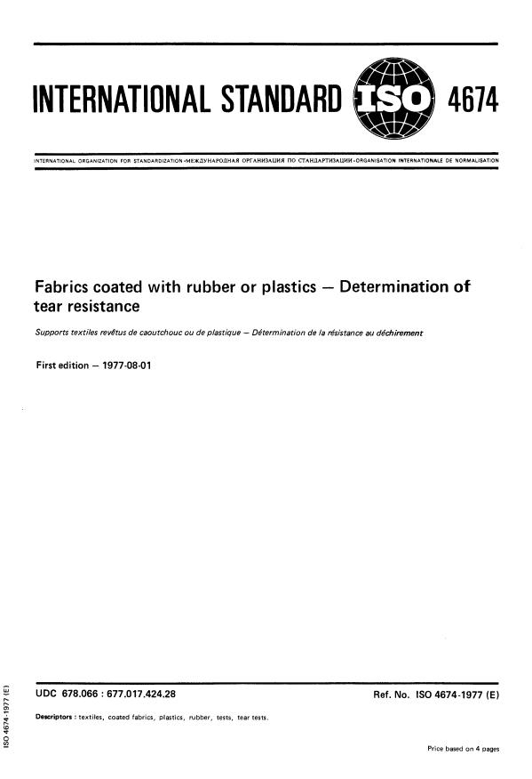 ISO 4674:1977 - Fabrics coated with rubber or plastics -- Determination of tear resistance