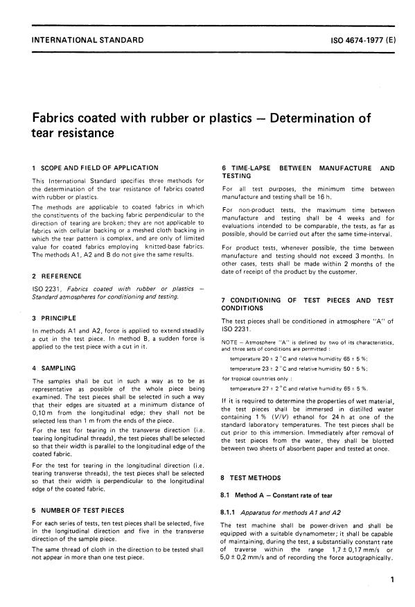 ISO 4674:1977 - Fabrics coated with rubber or plastics -- Determination of tear resistance