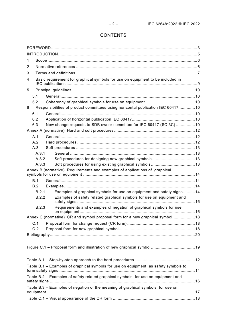 IEC 62648:2022 IEC 62648:2022 - Graphical symbols for use on equipment - Guidelines for the inclusion of graphical symbols in IEC publications
Released:9/27/2022
Isbn:9782832257098 - Page 4 preview