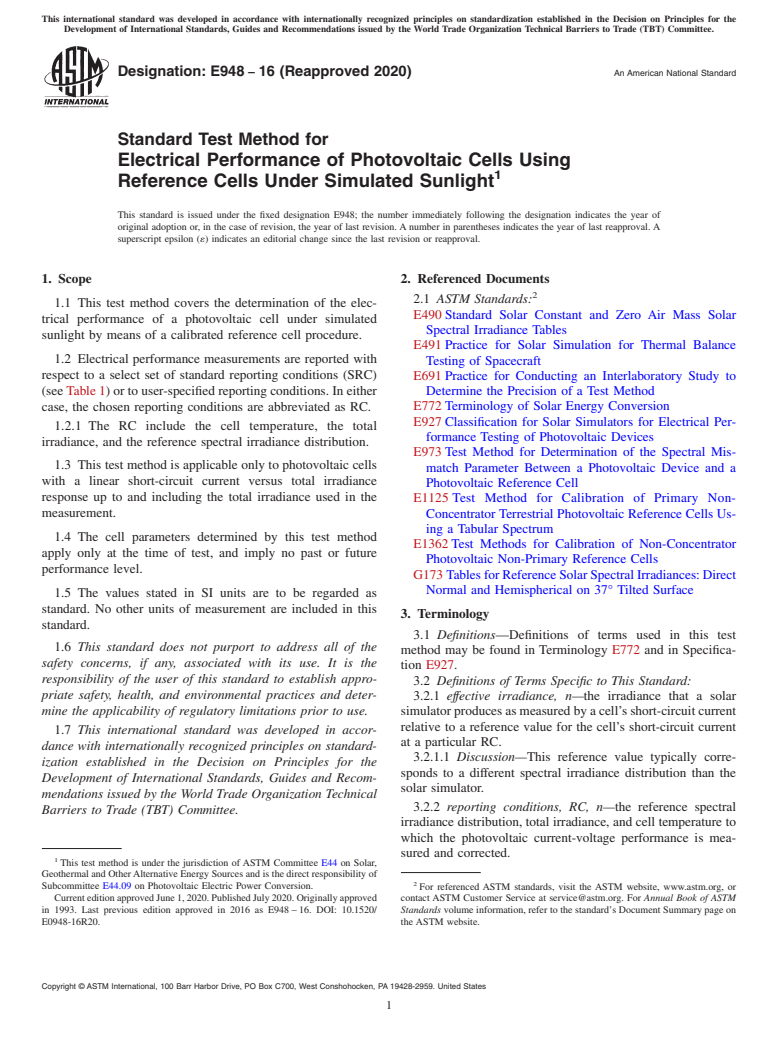 ASTM E948-16(2020) - Standard Test Method for  Electrical Performance of Photovoltaic Cells Using Reference  Cells  Under Simulated Sunlight