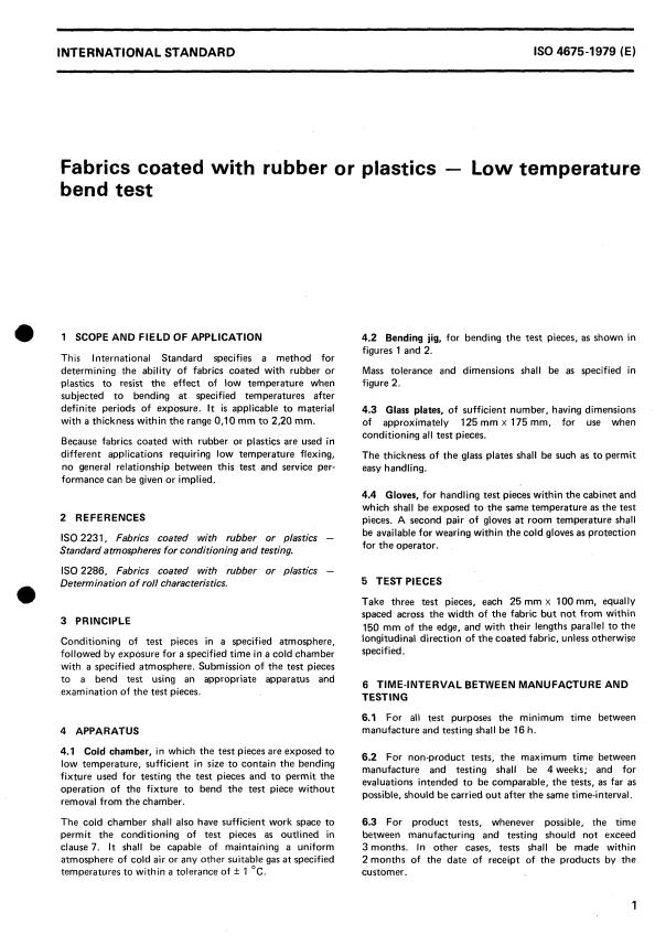 ISO 4675:1979 - Fabrics coated with rubber or plastics -- Low temperature bend test