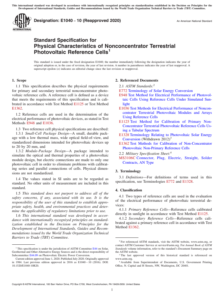 ASTM E1040-10(2020) - Standard Specification for  Physical Characteristics of Nonconcentrator Terrestrial Photovoltaic Reference Cells