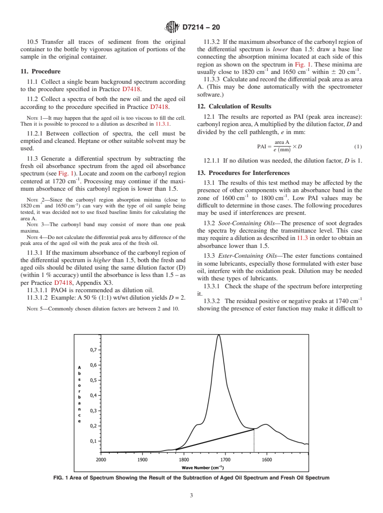 ASTM D7214-20 - Standard Test Method for  Determination of the Oxidation of Used Lubricants by FT-IR  Using Peak Area Increase Calculation