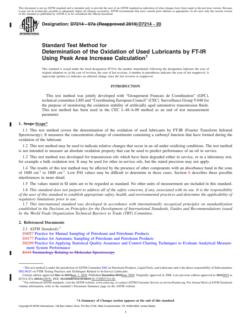 REDLINE ASTM D7214-20 - Standard Test Method for  Determination of the Oxidation of Used Lubricants by FT-IR  Using Peak Area Increase Calculation