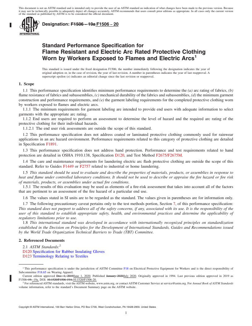 REDLINE ASTM F1506-20 - Standard Performance Specification for  Flame Resistant and Electric Arc Rated Protective Clothing  Worn by Workers Exposed to Flames and Electric Arcs