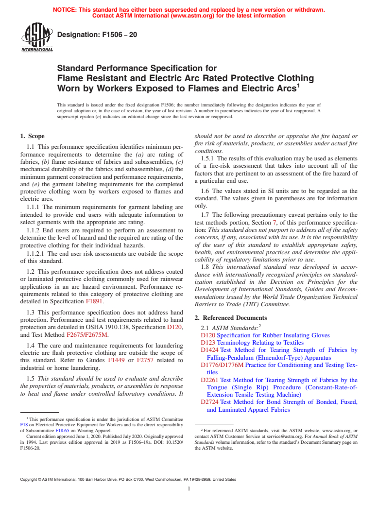 ASTM F1506-20 - Standard Performance Specification for  Flame Resistant and Electric Arc Rated Protective Clothing  Worn by Workers Exposed to Flames and Electric Arcs