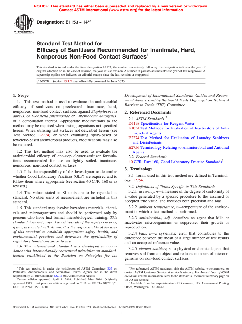 ASTM E1153-14e1 - Standard Test Method for  Efficacy of Sanitizers Recommended for Inanimate, Hard, Nonporous  Non-Food Contact Surfaces