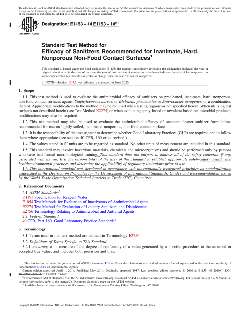 REDLINE ASTM E1153-14e1 - Standard Test Method for  Efficacy of Sanitizers Recommended for Inanimate, Hard, Nonporous  Non-Food Contact Surfaces